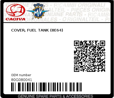 Product image: Cagiva - 80G080041 - COVER, FUEL TANK (8E64)  0