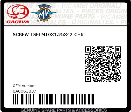 Product image: Cagiva - 8A0061837 - SCREW TSEI M10X1.25X42 CH6  0