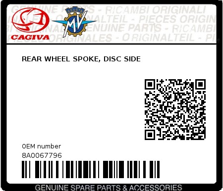 Product image: Cagiva - 8A0067796 - REAR WHEEL SPOKE, DISC SIDE  0