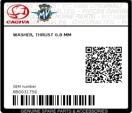 Product image: Cagiva - 8B0031756 - WASHER, THRUST 0.8 MM  0