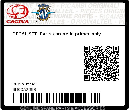 Product image: Cagiva - 8B00A2389 - DECAL SET  Parts can be in primer only  0
