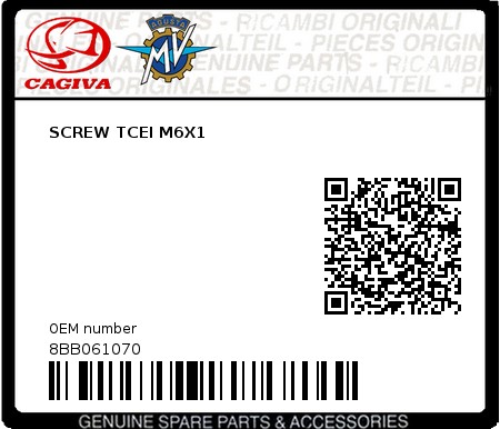 Product image: Cagiva - 8BB061070 - SCREW TCEI M6X1  0