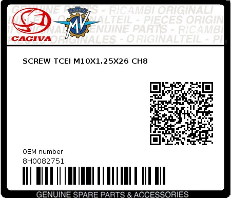 Product image: Cagiva - 8H0082751 - SCREW TCEI M10X1.25X26 CH8  0