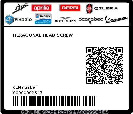 Product image: Piaggio - 00000002615 - HEXAGONAL HEAD SCREW  0