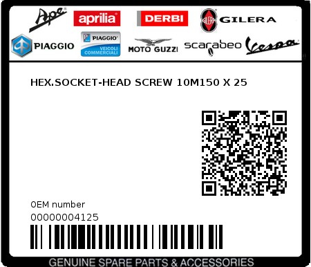 Product image: Piaggio - 00000004125 - HEX.SOCKET-HEAD SCREW 10M150 X 25  0