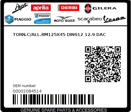 Product image: Piaggio - 00002084514 - TORN.C/ALL.8M125X45 DIN912 12.9 DAC  0