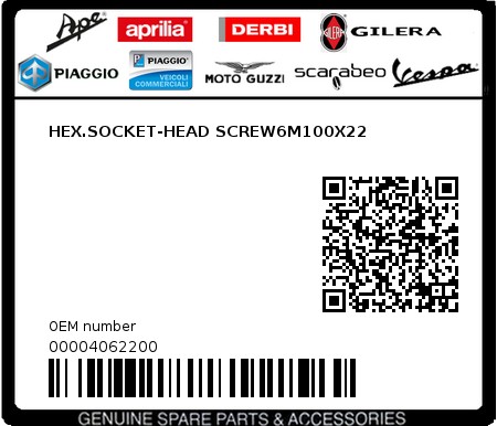 Product image: Piaggio - 00004062200 - HEX.SOCKET-HEAD SCREW6M100X22  0