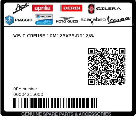 Product image: Piaggio - 00004215000 - VIS T.CREUSE 10M125X35.D912/8.  0