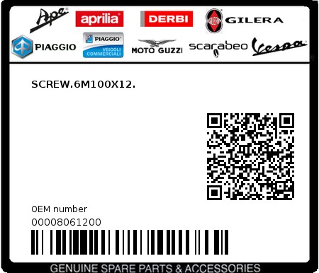 Product image: Piaggio - 00008061200 - SCREW.6M100X12.  0