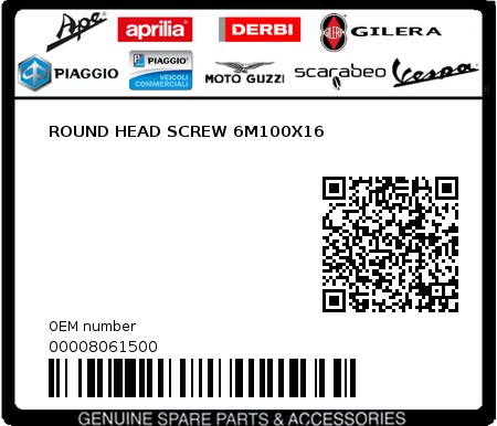 Product image: Piaggio - 00008061500 - ROUND HEAD SCREW 6M100X16  0