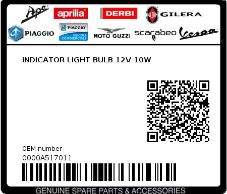 Product image: Piaggio - 0000A517011 - INDICATOR LIGHT BULB 12V 10W  0