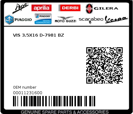 Product image: Piaggio - 00011231600 - VIS 3.5X16 D-7981 BZ  0