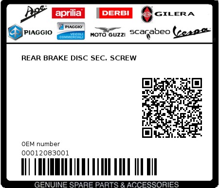 Product image: Piaggio - 00012083001 - REAR BRAKE DISC SEC. SCREW  0