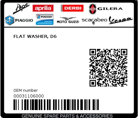 Product image: Piaggio - 00031106000 - FLAT WASHER, D6  0