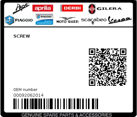 Product image: Piaggio - 00092062014 - SCREW  0