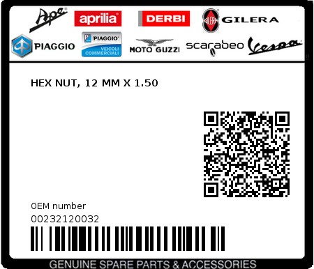 Product image: Piaggio - 00232120032 - HEX NUT, 12 MM X 1.50  0