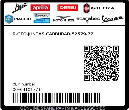 Product image: Piaggio - 00F04101771 - R-CTO.JUNTAS CARBURAD.52579.77  0