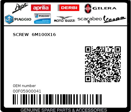 Product image: Piaggio - 00F05900041 - SCREW  6M100X16  0