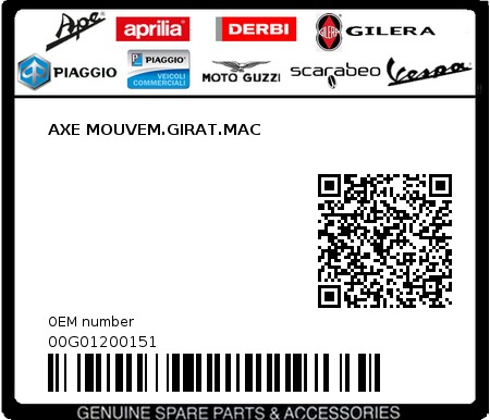Product image: Piaggio - 00G01200151 - AXE MOUVEM.GIRAT.MAC  0