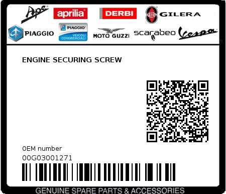 Product image: Piaggio - 00G03001271 - ENGINE SECURING SCREW  0