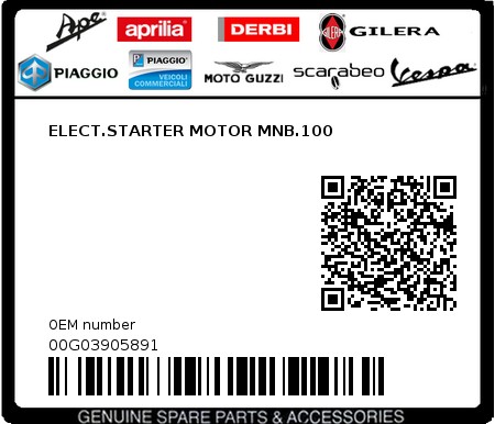 Product image: Piaggio - 00G03905891 - ELECT.STARTER MOTOR MNB.100  0