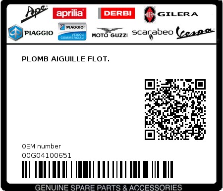 Product image: Piaggio - 00G04100651 - PLOMB AIGUILLE FLOT.  0