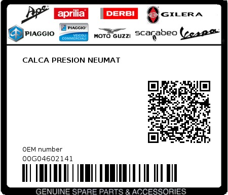 Product image: Piaggio - 00G04602141 - CALCA PRESION NEUMAT  0