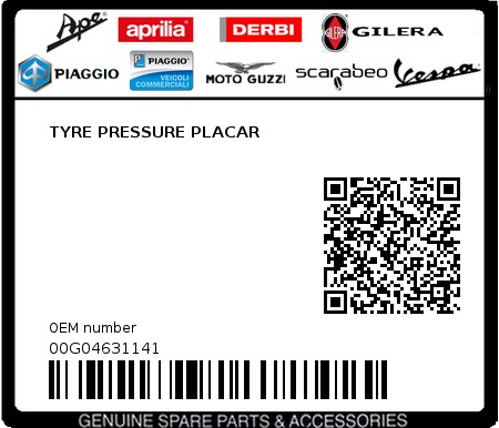 Product image: Piaggio - 00G04631141 - TYRE PRESSURE PLACAR  0
