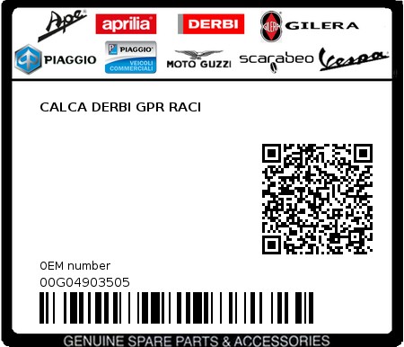 Product image: Piaggio - 00G04903505 - CALCA DERBI GPR RACI  0