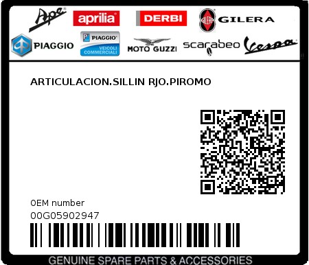 Product image: Piaggio - 00G05902947 - ARTICULACION.SILLIN RJO.PIROMO  0