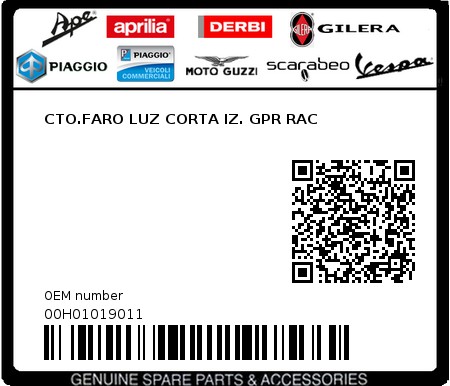 Product image: Piaggio - 00H01019011 - CTO.FARO LUZ CORTA IZ. GPR RAC  0
