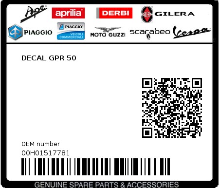 Product image: Piaggio - 00H01517781 - DECAL GPR 50  0