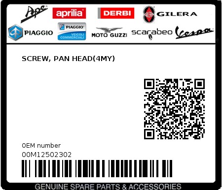 Product image: Piaggio - 00M12502302 - SCREW, PAN HEAD(4MY)  0