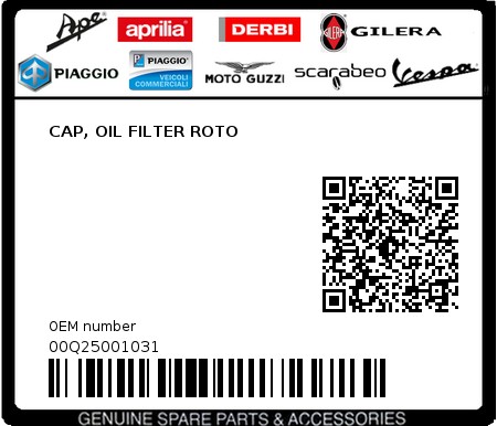Product image: Piaggio - 00Q25001031 - CAP, OIL FILTER ROTO  0