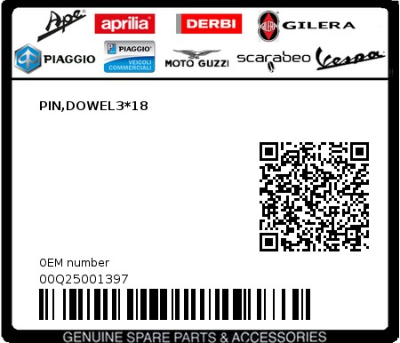 Product image: Piaggio - 00Q25001397 - PIN,DOWEL3*18  0