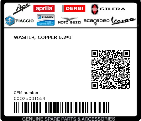 Product image: Piaggio - 00Q25001554 - WASHER, COPPER 6.2*1  0