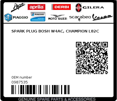 Product image: Piaggio - 0987535 - SPARK PLUG BOSH W4AC, CHAMPION L82C  0