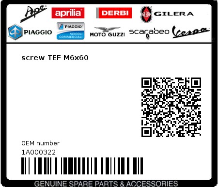 Product image: Piaggio - 1A000322 - screw TEF M6x60  0