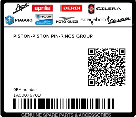 Product image: Piaggio - 1A0007670B - PISTON-PISTON PIN-RINGS GROUP  0