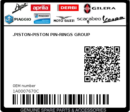 Product image: Piaggio - 1A0007670C - .PISTON-PISTON PIN-RINGS GROUP  0