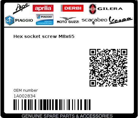 Product image: Piaggio - 1A002834 - Hex socket screw M8x65  0