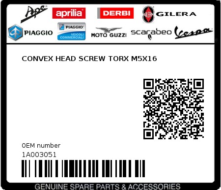 Product image: Piaggio - 1A003051 - CONVEX HEAD SCREW TORX M5X16  0