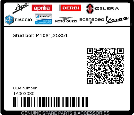 Product image: Piaggio - 1A003080 - Stud bolt M10X1,25X51  0