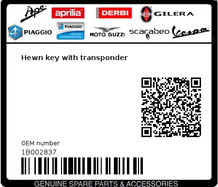 Product image: Piaggio - 1B002837 - Hewn key with transponder  0