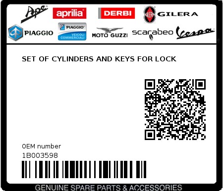 Product image: Piaggio - 1B003598 - SET OF CYLINDERS AND KEYS FOR LOCK  0