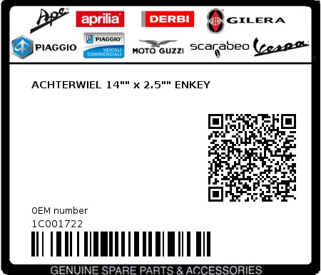 Product image: Piaggio - 1C001722 - ACHTERWIEL 14"" x 2.5"" ENKEY  0