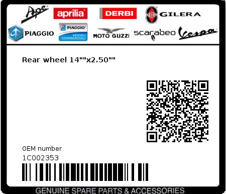 Product image: Piaggio - 1C002353 - Rear wheel 14""x2.50""  0