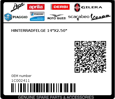 Product image: Piaggio - 1C002411 - HINTERRADFELGE 14"X2.50"  0
