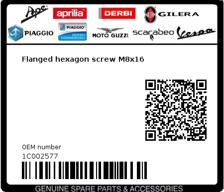 Product image: Piaggio - 1C002577 - Flanged hexagon screw M8x16  0