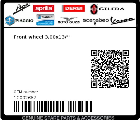 Product image: Piaggio - 1C002667 - Front wheel 3.00x13\""  0